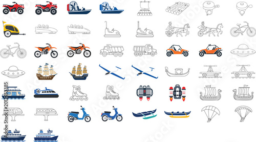Foto Professional Vector Icon Set of 50 Transportation and Sport Vehicle Illustrations, Hand-Traced Collection of Outline Graphics Featuring Editable Stroke and Adjustable Line Weight for Custom Design