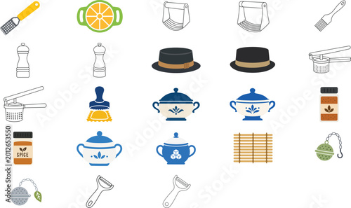 Foto Professional Kitchen Tool and Culinary Equipment Vector Icon Set, Collection of 23 Hand-Drawn Minimalist Outline Illustrations including Pastry Blender, Tea Infuser and More, Editable Stroke