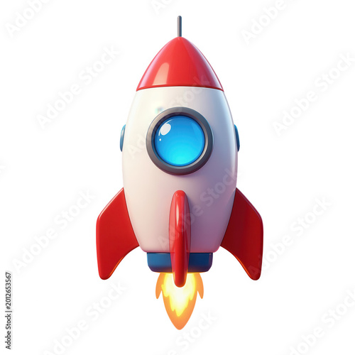 Cute Cartoon Rocket Ship Flying Upwards 3D Render Isolated on Transparent Background