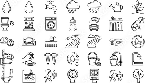 Fotografi Water Usage and Conservation Line Art Icons Set: Environment, Household, and Nat