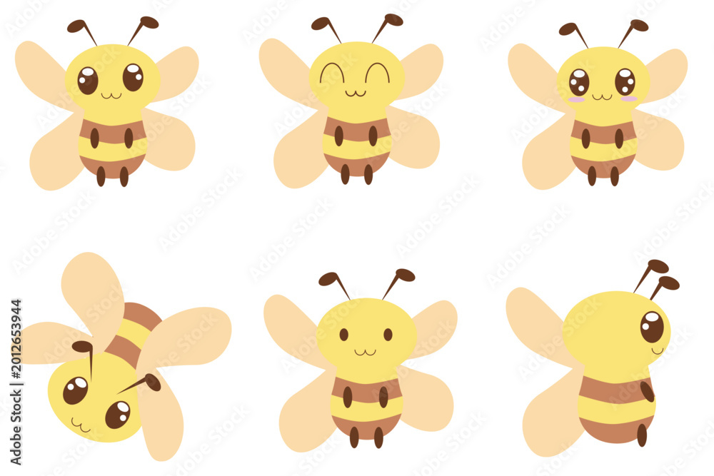 Obraz premium Cute Kawaii Bee Character Set with Different Expressions and Poses