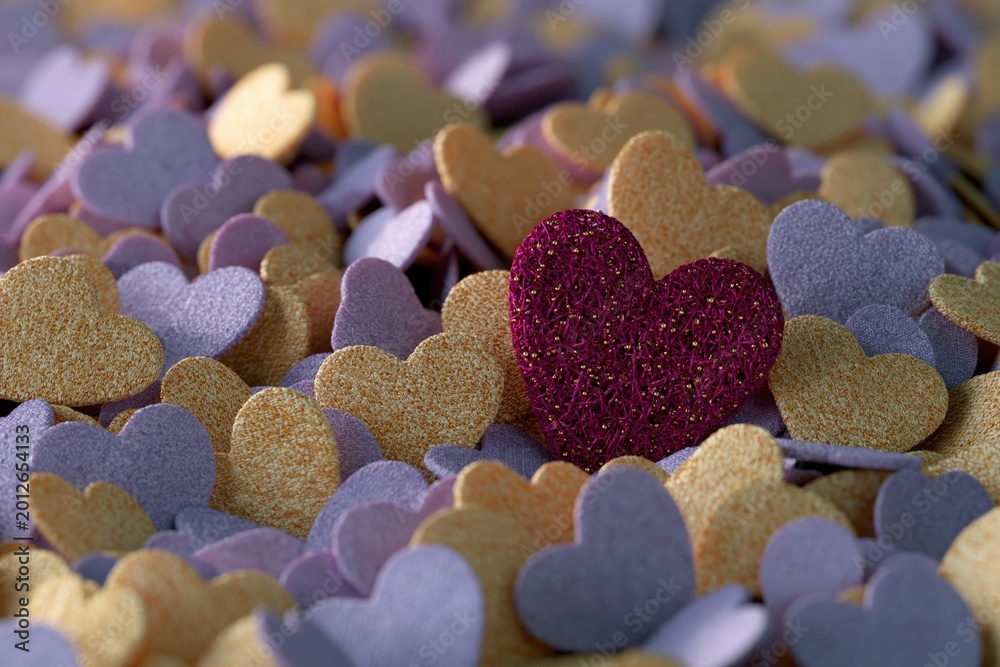 Obraz premium Glitter heart shapes scattered across pastel surface