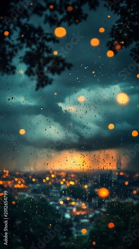Rainy Evening Cityscape: A Nostalgic Window View of Urban Lights in Mist