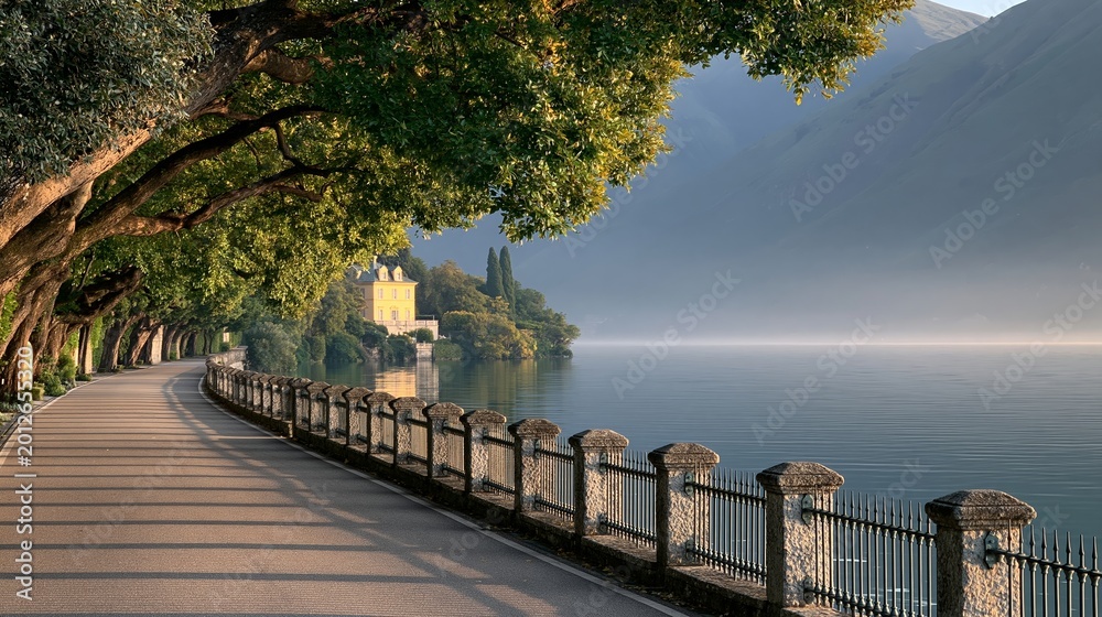 Obraz premium Scenic lakeside road lined with lush trees and a historic yellow building reflecting on calm water under soft morning light in a tranquil landscape