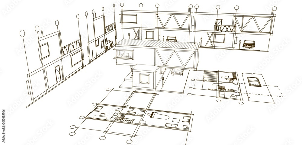Fototapeta premium house plan sketch 3d illustration