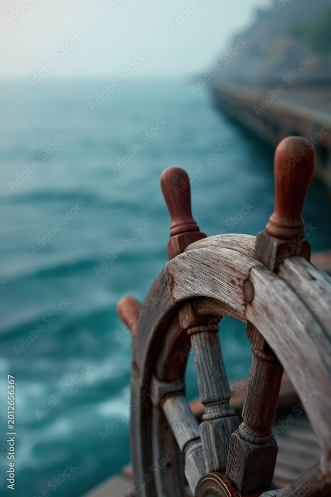 Fototapeta premium Wooden ship wheel on pier with blurred coastal background