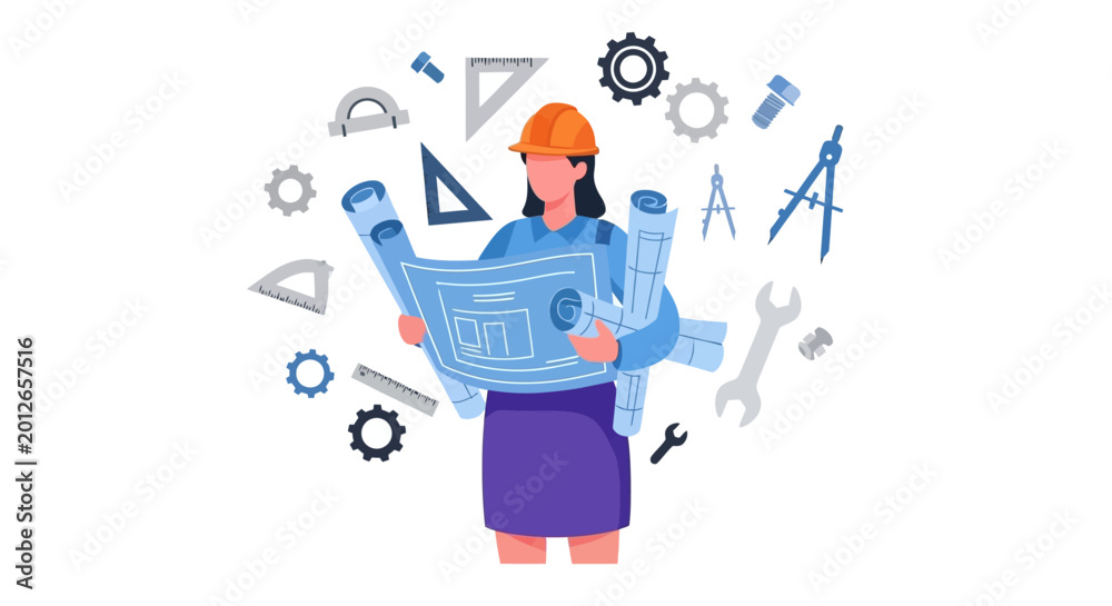 Naklejka premium Female engineer reviewing project blueprints surrounded by tools and gears.