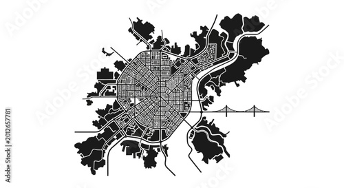 Minimalist black and white city map vector illustration showing urban planning.