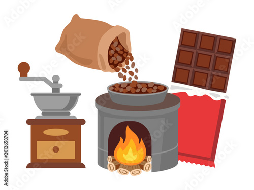 Chocolate production process set with cocoa beans roasting, manual grinder, and chocolate bar.