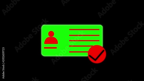 Animation of id card icon with check mark. Alpha channel, transparent background. Colorful ID Card Icon Animation. ID card on color screen. National id, card, voter id. identity document sign animatio