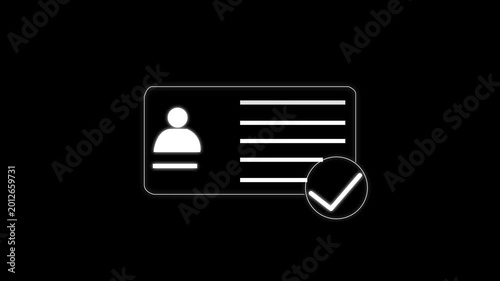 Animation of id card icon with check mark. Alpha channel, transparent background. Colorful ID Card Icon Animation. ID card on color screen. National id, card, voter id. identity document sign animatio