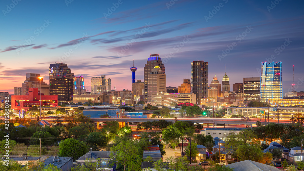 Fototapeta premium San Antonio, Texas, USA. Aerial cityscape image of downtown San Antonio, Texas at beautiful spring sunrise.