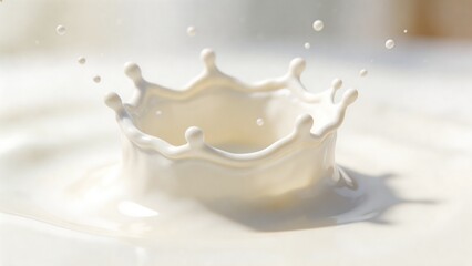 A close-up photo of cow milk splashing and forming a crown-like shape on a white surface, highlighting the creamy texture and dynamic movement of the liquid.