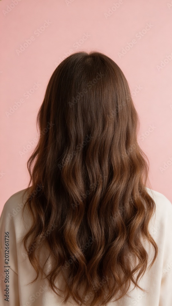 Naklejka premium A close-up shot of a woman with long brown wavy hair standing against a pink background, exuding elegance and simplicity.