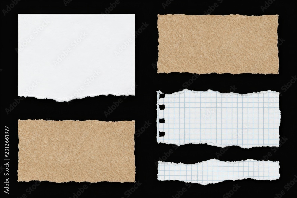 Fototapeta premium Different torn pieces of paper on a black background for craft or design projects