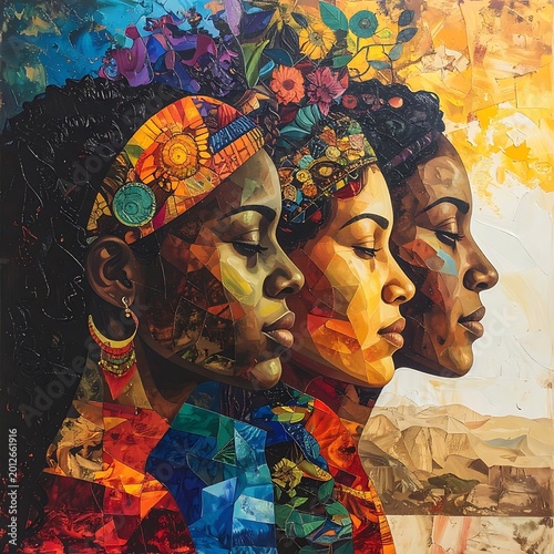 Vibrant African Women Faces Mosaic Art.