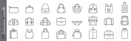 Bags and travel accessories icon set – editable outline symbols of handbag, backpack, suitcase, ladies bag, tote bag, purse and luggage