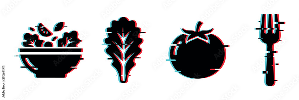Naklejka premium Salad bowl, lettuce, tomato, and fork icons with a modern glitch effect, perfect for healthy food and diet concepts