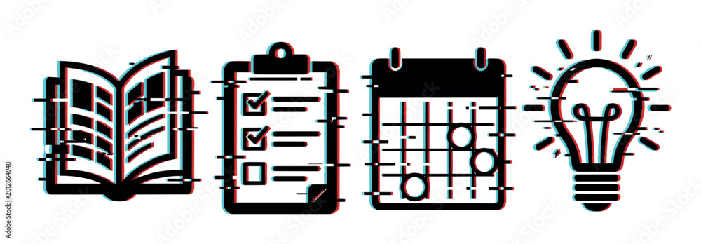 Obraz premium Book checklist calendar lightbulb icons with glitch effect, representing education, planning, and ideas in a digital style