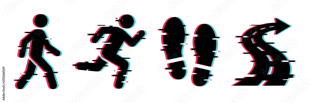 Obraz premium Walking running man footprints arrow icons with modern glitch effect, vector illustration