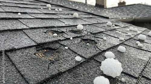 Large hailstones on damaged asphalt shingle roof after severe storm