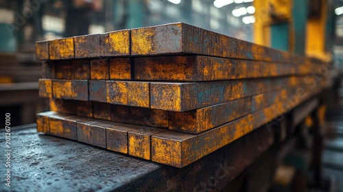 Stack of Rusted Metal Bars in an Industrial Setting with Moody Lighting