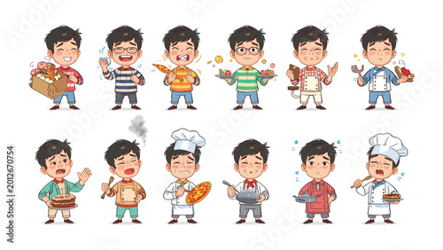 Foto Culinary Character Collection: A vibrant assortment of cheerful cartoon characters embodying various aspects of food preparation, exuding warmth and excitement