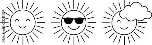 Set of smiling sun illustrations with sunglasses and cloud variations for weather, seasonal, and decorative design projects