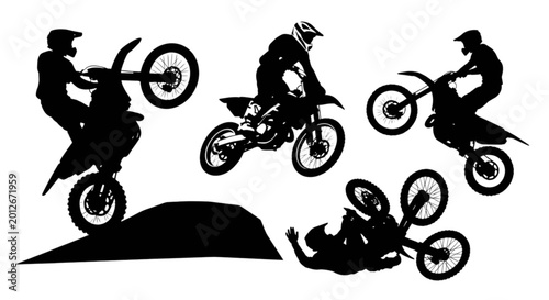 Bilde på lerret Four motorcyclists performing stunts in mid-air isolated on transparent backgrou