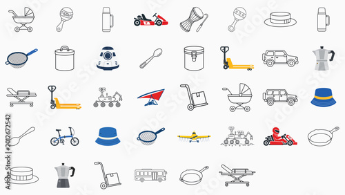 Cuadro en lienzo Premium 38 Vector Icon Set Bundle featuring hand-drawn minimalist outlines of kitchen tools, transport vehicles, parenting gear, and industrial equipment with a professional editable stroke design