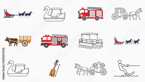 Tableau sur toile Premium vector icon set and collection of 12 hand-traced transport and culture illustrations including vintage horse carriage, traditional dog sled, fire engine, swan boat, and ethnic fiddle bundle