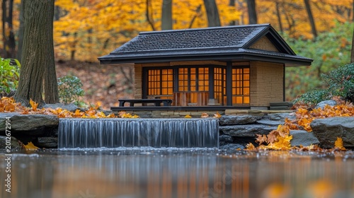 Zen Garden Miniature House with Waterfall and Autumn Foliage Display