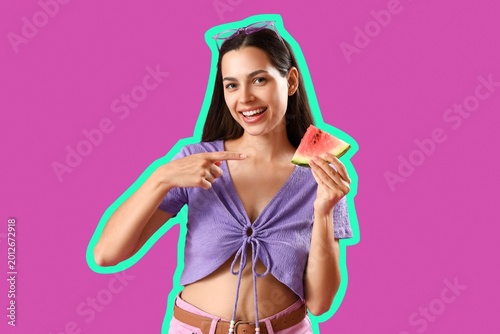 Beautiful young woman point...