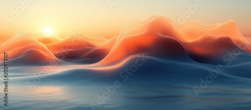 Abstract landscape illustration of mountains at sunrise with a glowing horizon