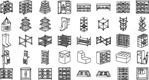 Tableau sur toile Black and White Line Art Icons of Shoe Storage Furniture and Accessories
