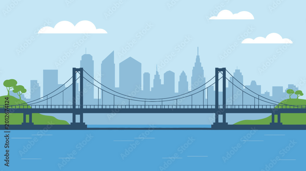 Fototapeta premium Suspension bridge over water with city skyline in background urban landscape