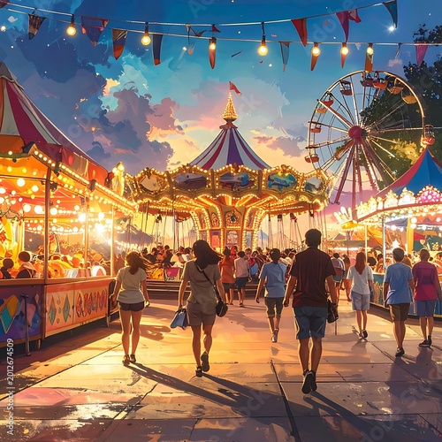 Vibrant Summer Evening Amusement Park Scene.
