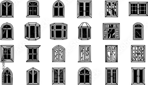 Foto Black and White Line Art Collection of Various Window Designs for Architecture a