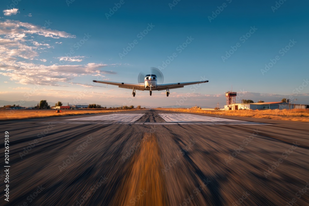 Fototapeta premium General aviation plane ascending from runway, captured at the moment of takeoff