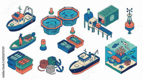 Isometric illustration of various nautical and industrial objects.