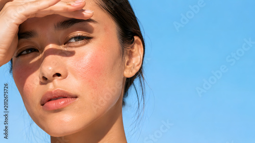 Sun damage and urban pollution skin concern, woman shading eyes from bright light on blue background, high-end sun care advertising with massive copy space
