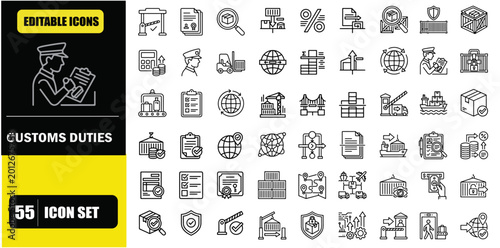 Photos Customs and Duties Line Editable Icons Set – Import Export Taxes, Border Clearan