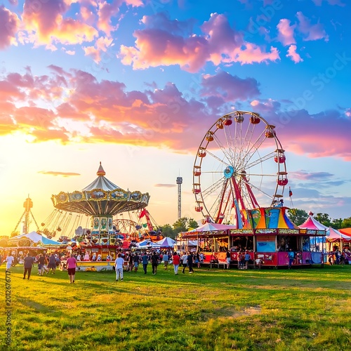 Colorful amusement park at sunset festival.
