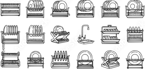 Photos Kitchen Dish Racks and Drainers Line Art Icons Set