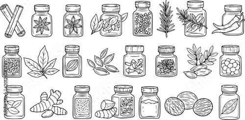 Bild auf Leinwand Black and White Line Art of Assorted Spices in Jars and Natural Elements, Food I