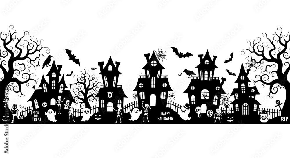 Fototapeta premium Halloween cemetery illustration with crooked haunted houses, bats, tombstones, and swirling ghostly smoke on a black backdrop