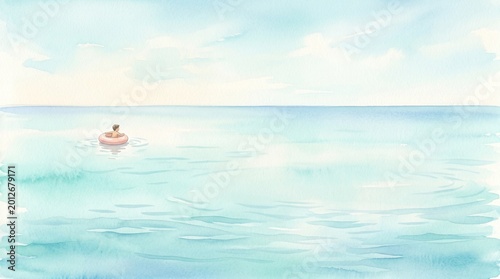 A person floats on a pink ring in the calm blue ocean under a bright sky during the day