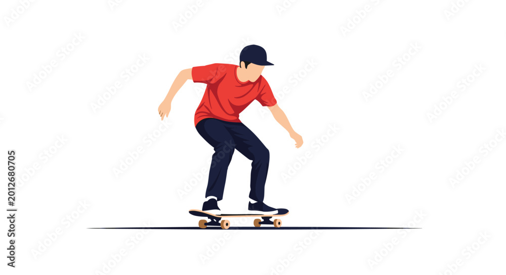 Obraz premium Cool skateboarder in a red t-shirt and blue cap performs a trick on a skateboard against a white background.