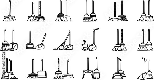 Slika na platnu Black and White Line Art Icons of Brooms and Dustpans for Cleaning Industry