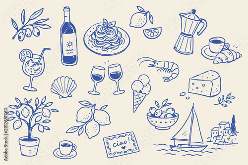 Obraz na płótnie Italian Food Travel Elements Naive Blue Ink Sketch Vector